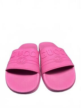 Authentic Gucci Pursuit Rubber Logo Slides - Pink